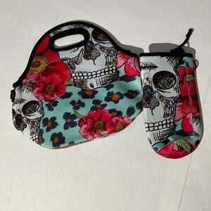 Skull and floral lunch box crossbody bag and water holder animal print NEW!